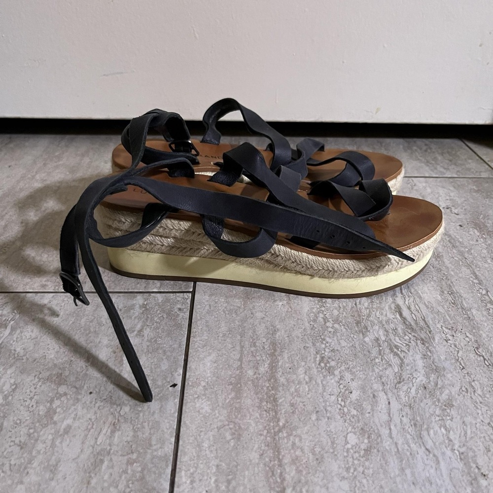 Lucky Brand Espadrille Sandals Womens Size 7 Black Wedge Lace Up Platform Shoes